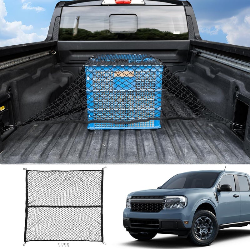 Maxzina Cargo Net Compatible with 2022-2026 Ford Maverick 2021-2026 F150 Truck Storage Net Dense Mesh Single Layer Stretchable Adjustable Elastic with 8 Hooks for 2025 Exterior Accessories (4'×4') - Image 1